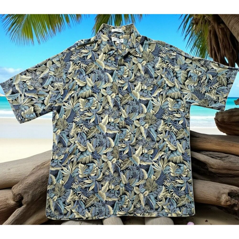 Vintage Pierre Cardin Hawaiian Shirt Mens L Blue Tan Tropical Palm Leaves Rayon